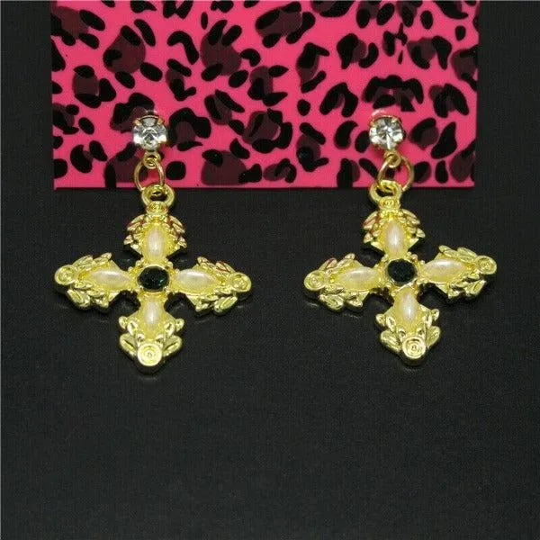 Betsey Johnson Enamel Cross Rhinestone Earrings