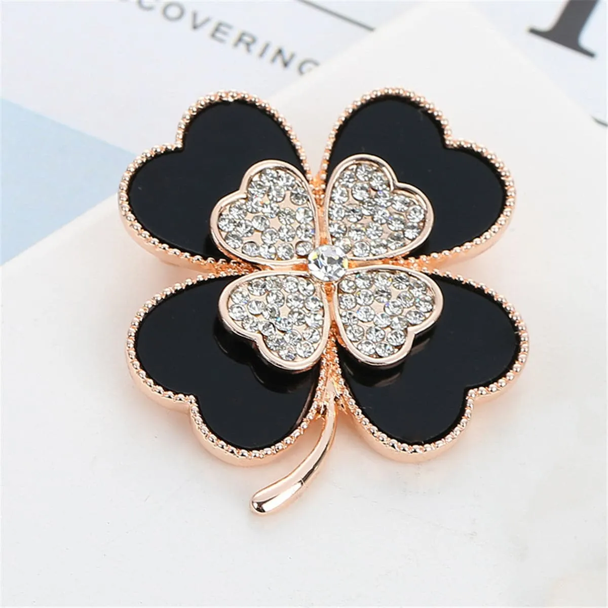 Black & Cubic Zirconia Clover Brooch