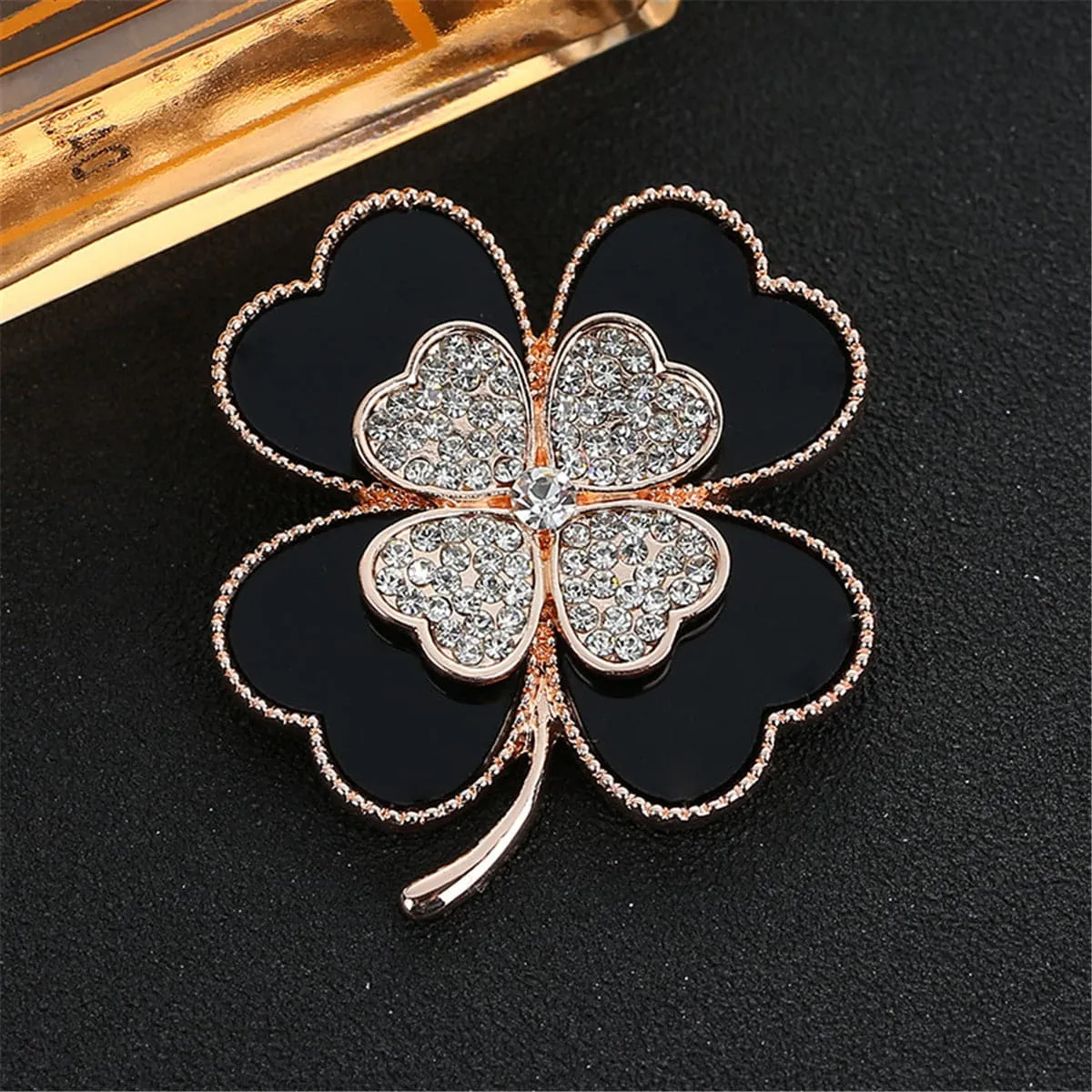 Black & Cubic Zirconia Clover Brooch