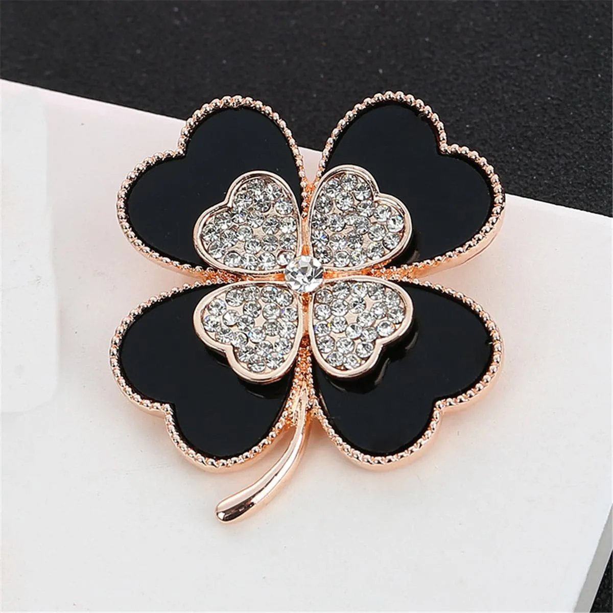 Black & Cubic Zirconia Clover Brooch