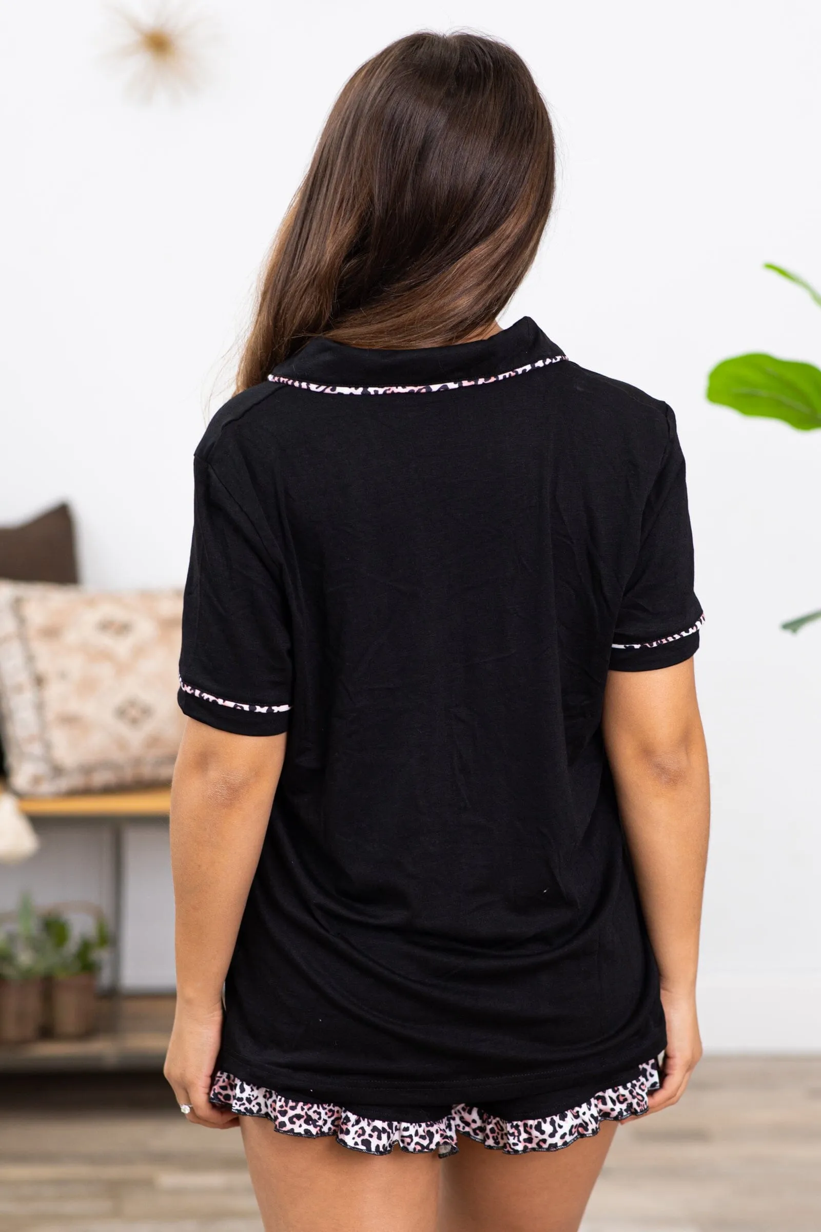 Black Animal Trim Top Shorts Lounge Set
