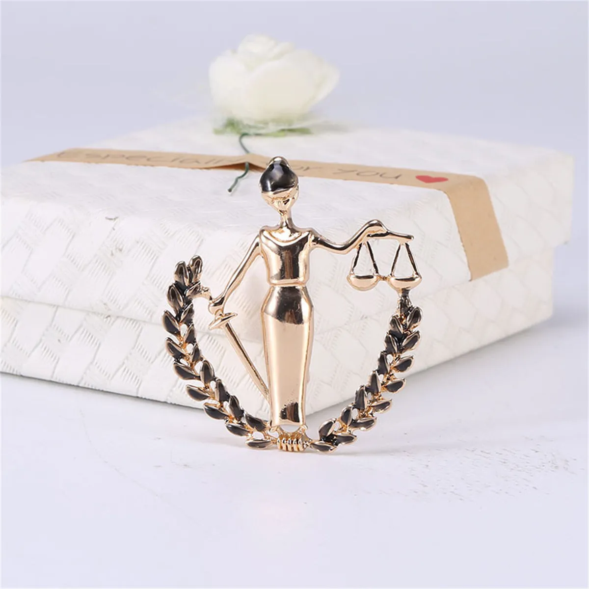 Black Enamel & 18K Gold-Plated Libra Figure Brooch