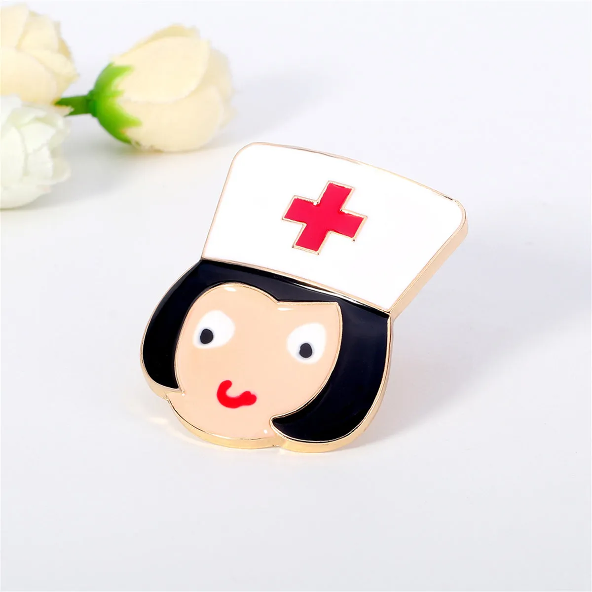 Black Enamel & 18K Gold-Plated Nurse Brooch