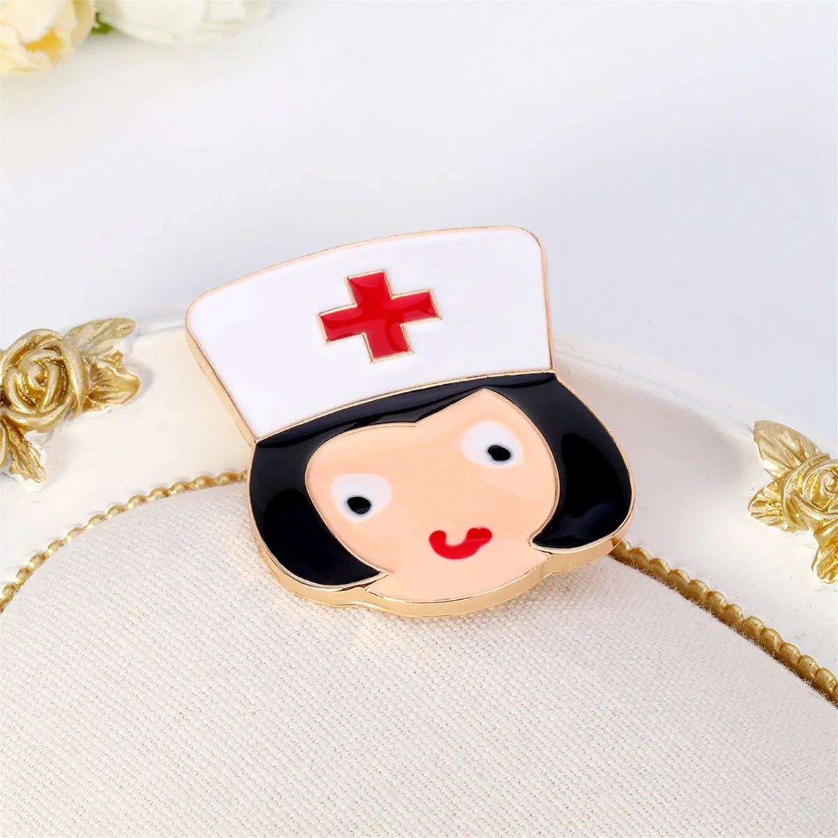 Black Enamel & 18K Gold-Plated Nurse Brooch