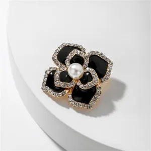 Black Enamel & Pearl 18K Gold-Plated Camellia Flower Brooch