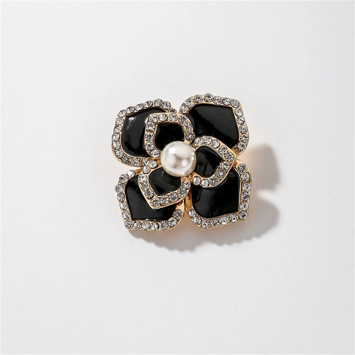 Black Enamel & Pearl 18K Gold-Plated Camellia Flower Brooch