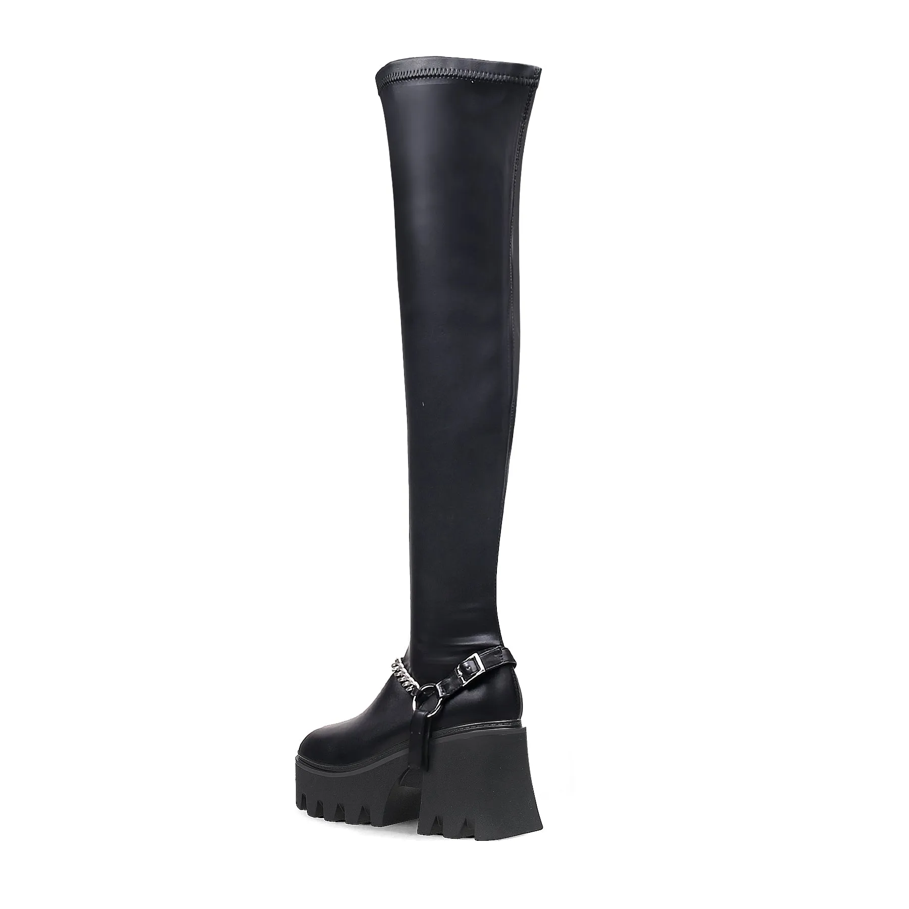 Black Leather Chain Strap Over Knee Boot