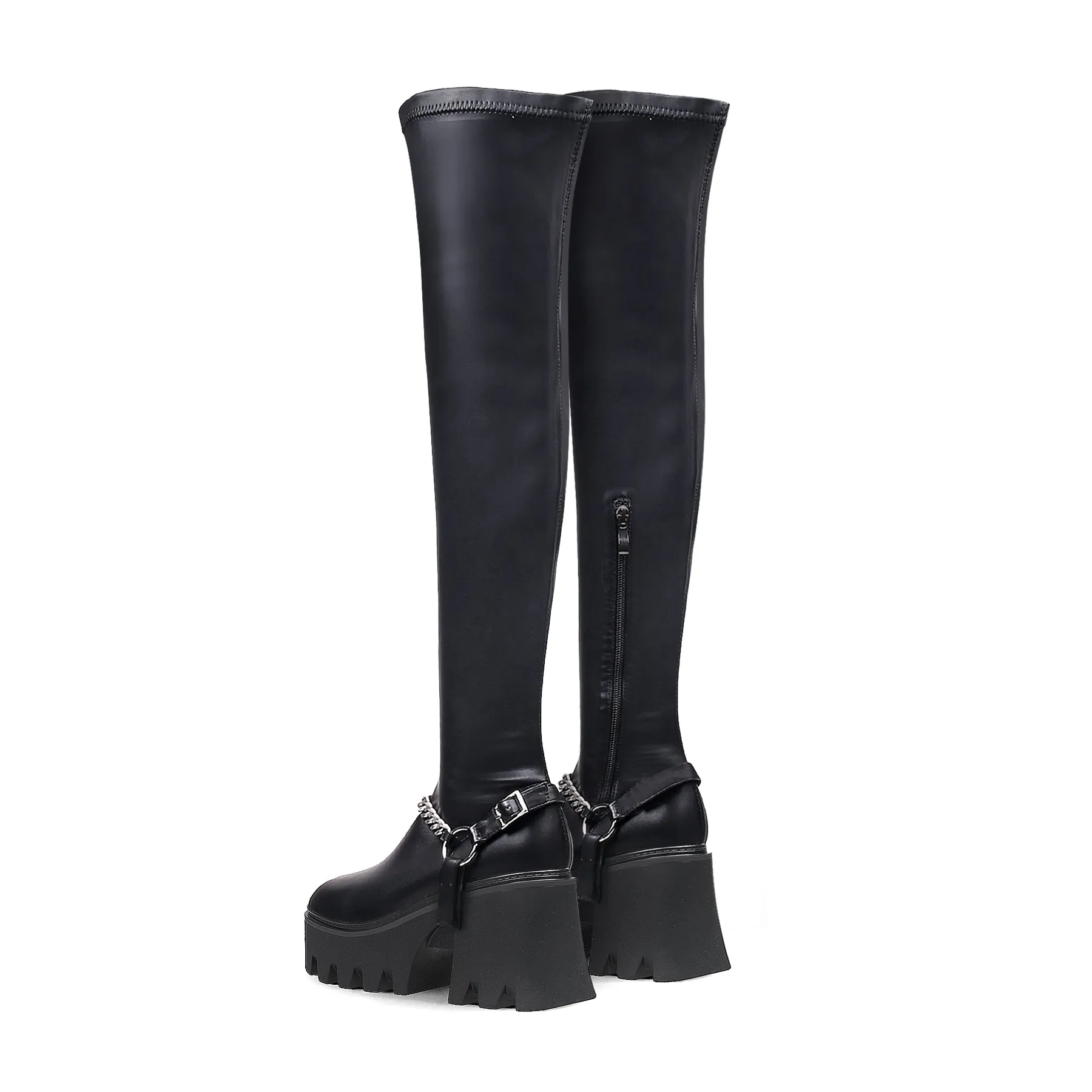 Black Leather Chain Strap Over Knee Boot