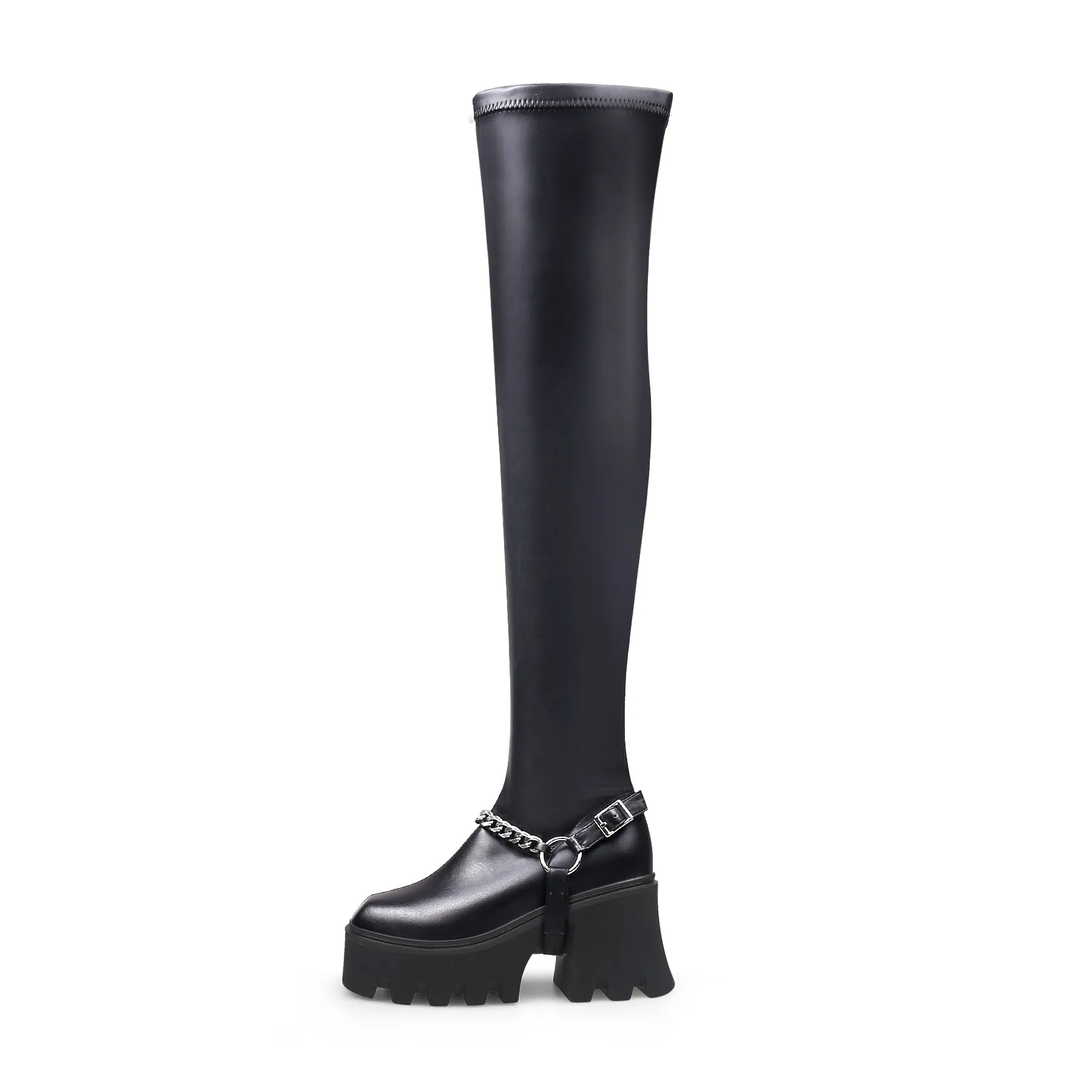 Black Leather Chain Strap Over Knee Boot