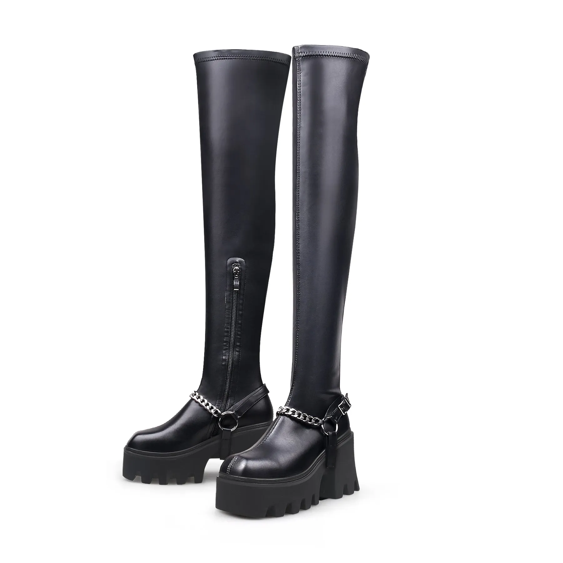Black Leather Chain Strap Over Knee Boot