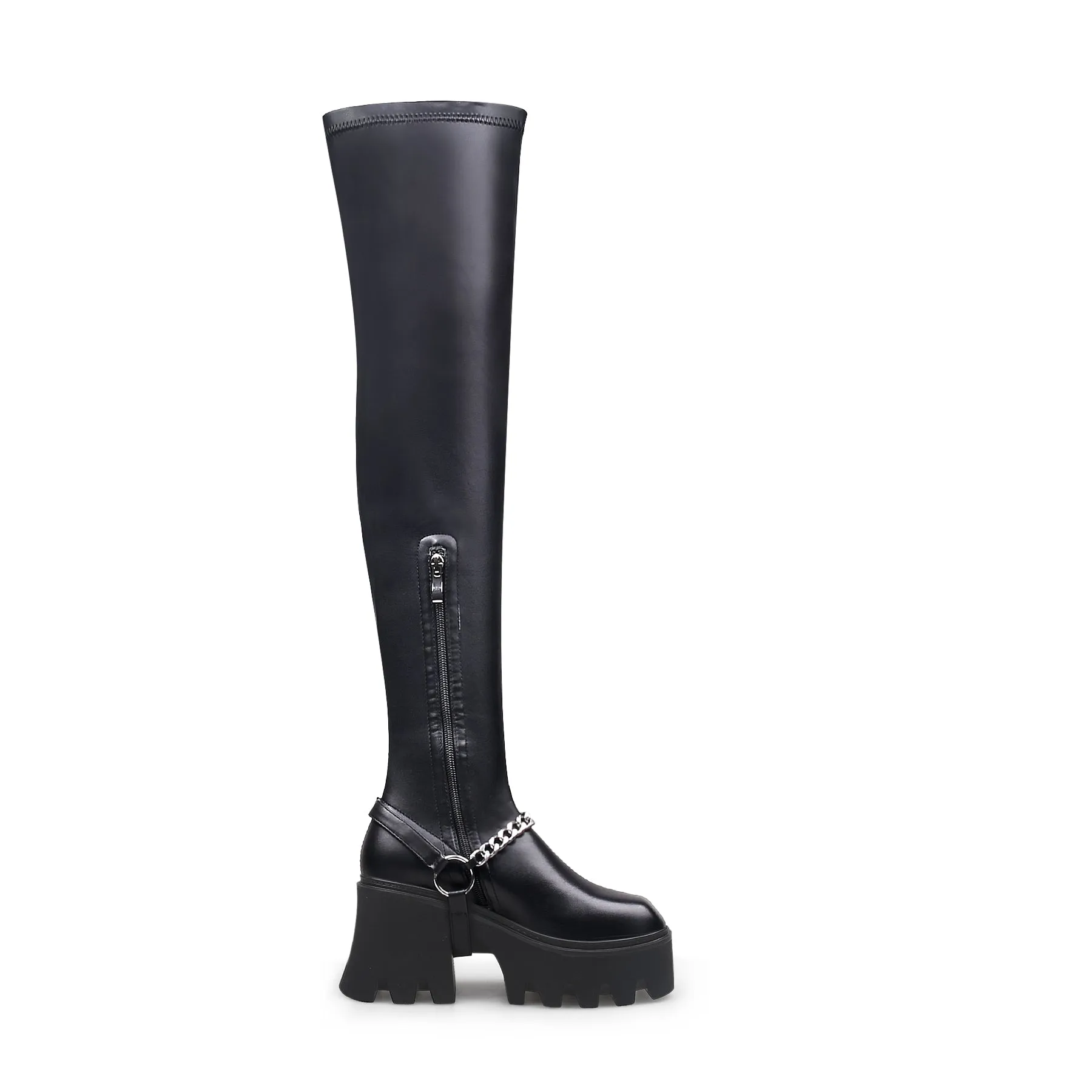 Black Leather Chain Strap Over Knee Boot