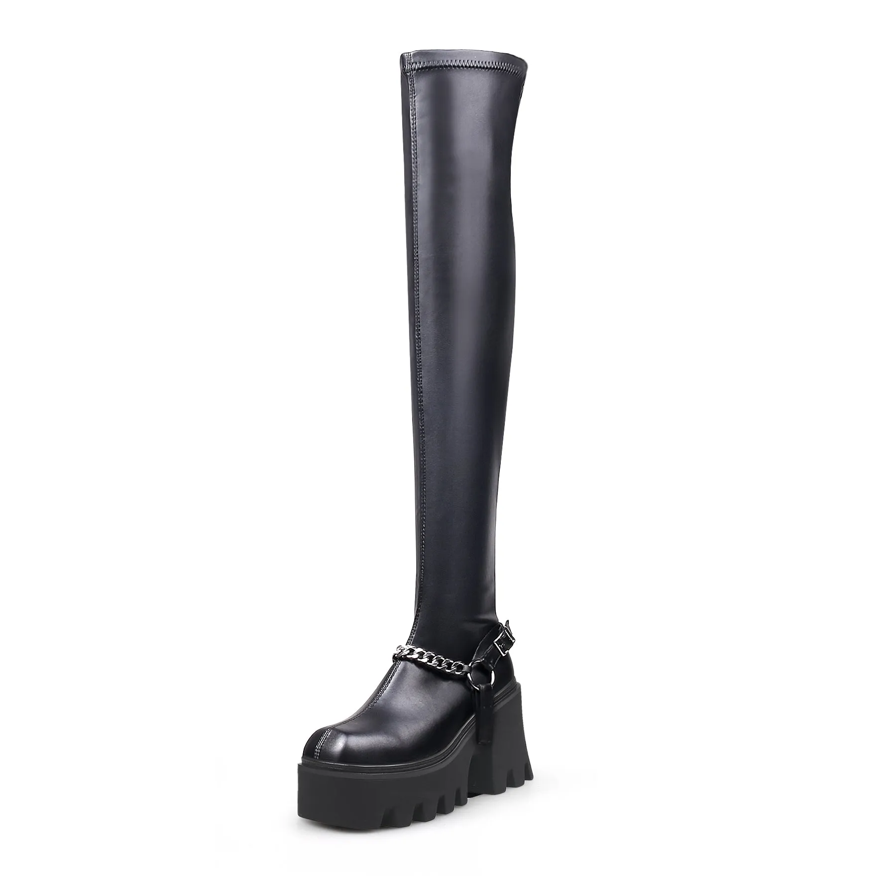 Black Leather Chain Strap Over Knee Boot