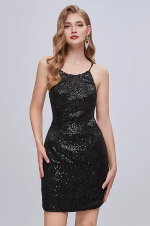 Black Sequins Spaghetti Strap Lace Up Short Homecoming Dresses