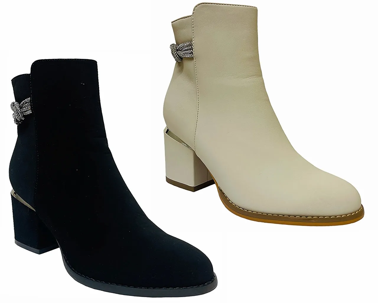 Block Heel Diamante Details Ankle Boots