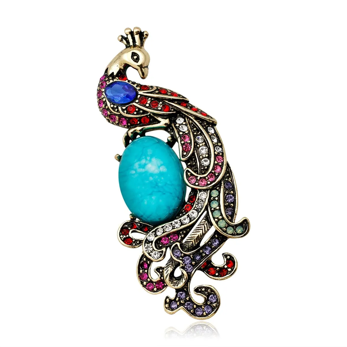 Blue & Pink Cubic Zirconia & 18K Gold-Plated Peacock Brooch