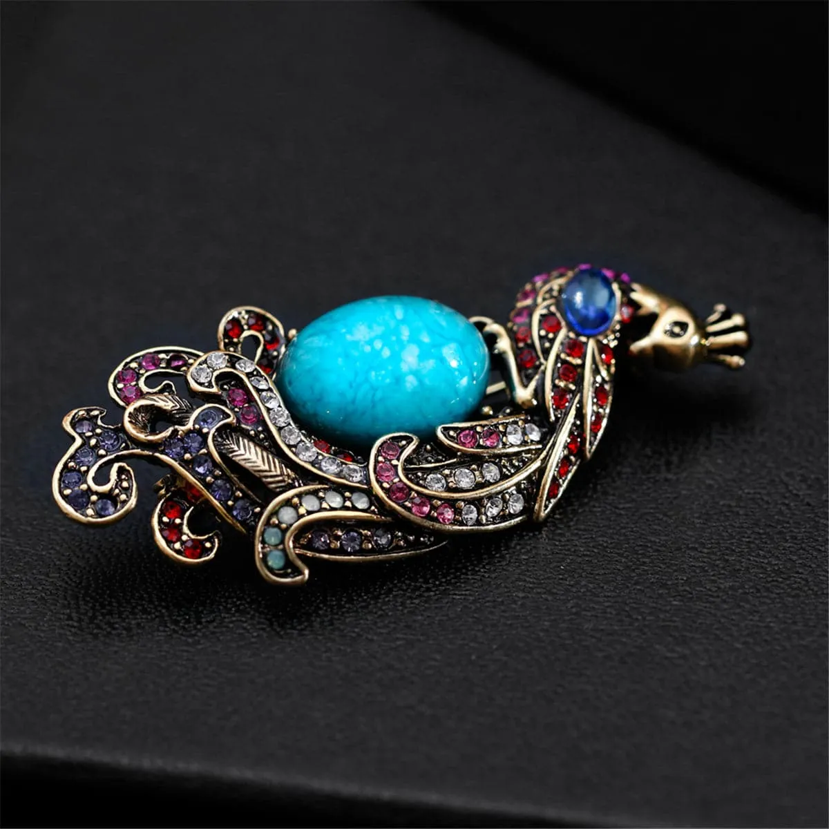 Blue & Pink Cubic Zirconia & 18K Gold-Plated Peacock Brooch