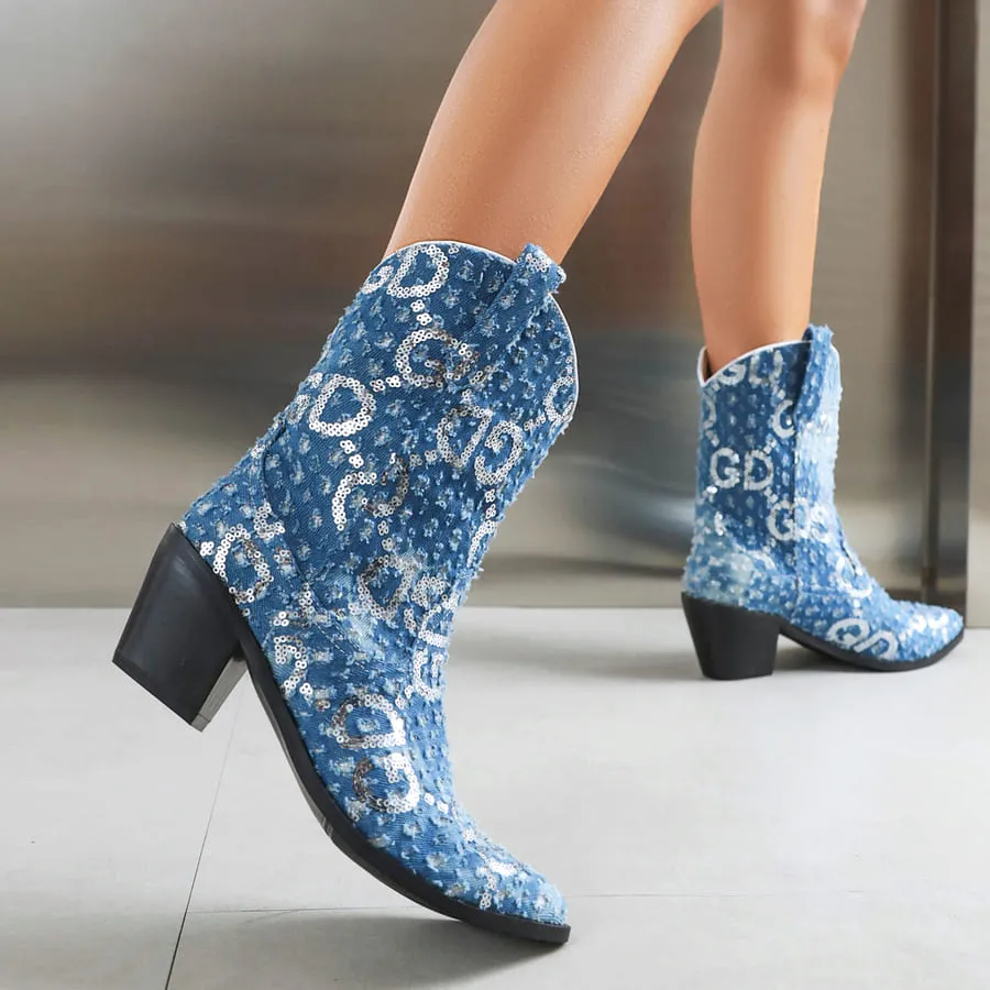 Blue Denim Pointy Toe Block Heel Cowgirl Booties