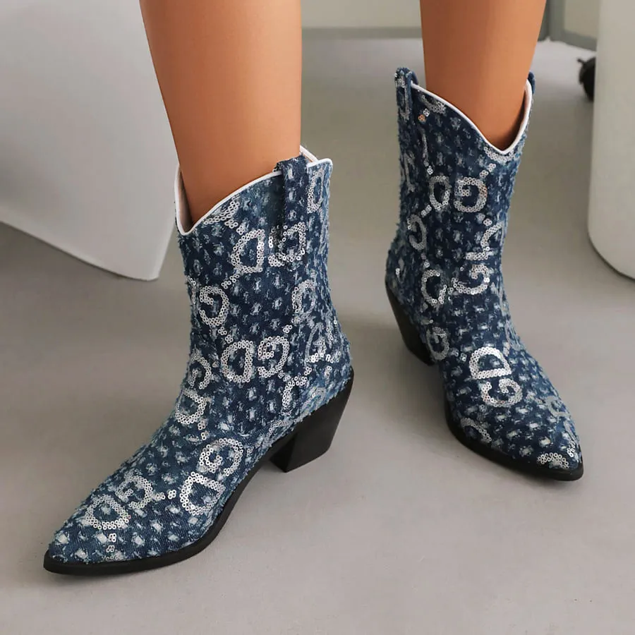 Blue Denim Pointy Toe Block Heel Cowgirl Booties