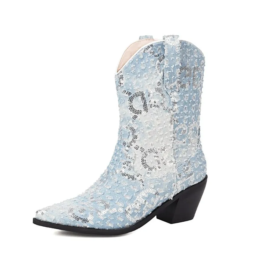 Blue Denim Pointy Toe Block Heel Cowgirl Booties