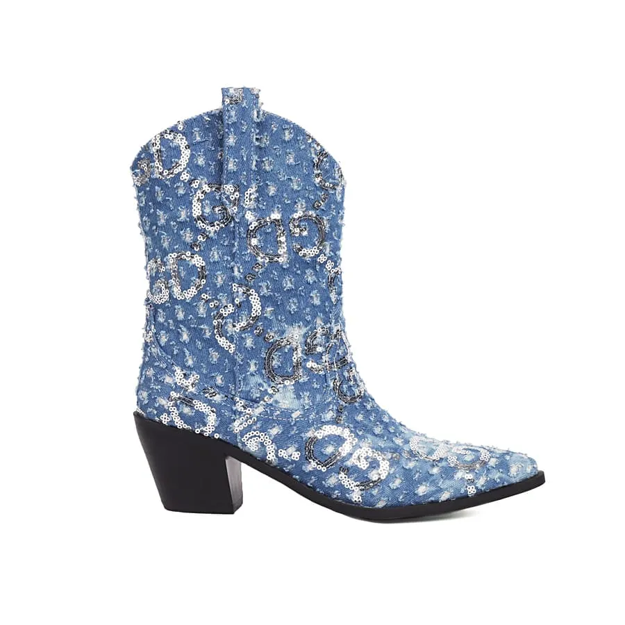 Blue Denim Pointy Toe Block Heel Cowgirl Booties