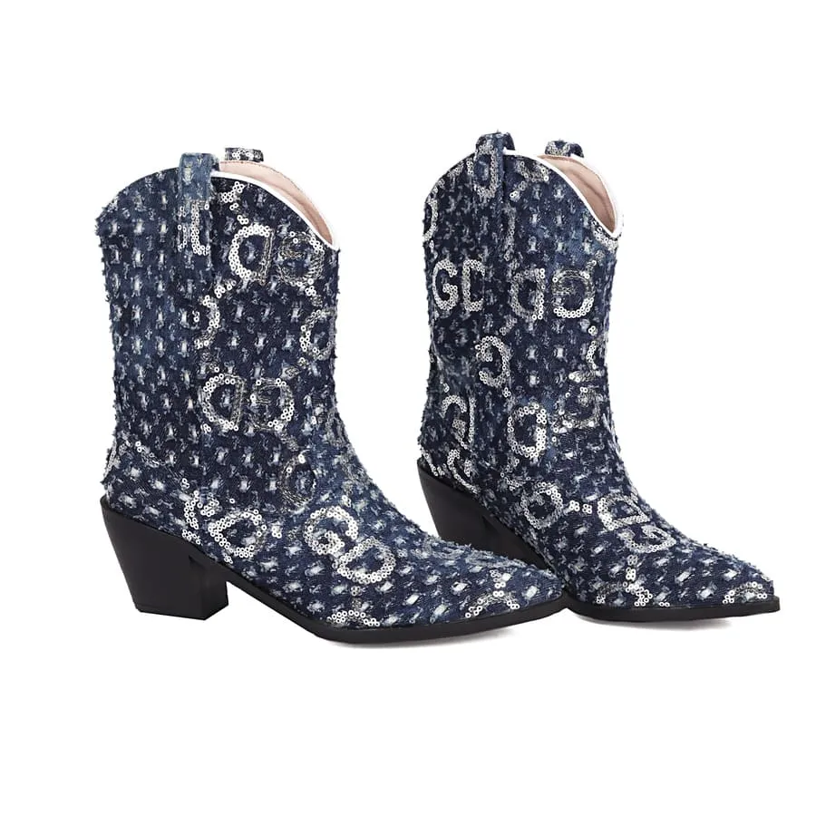 Blue Denim Pointy Toe Block Heel Cowgirl Booties