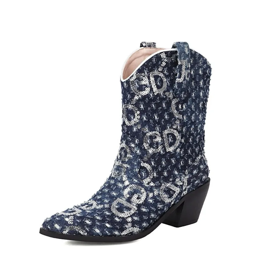 Blue Denim Pointy Toe Block Heel Cowgirl Booties