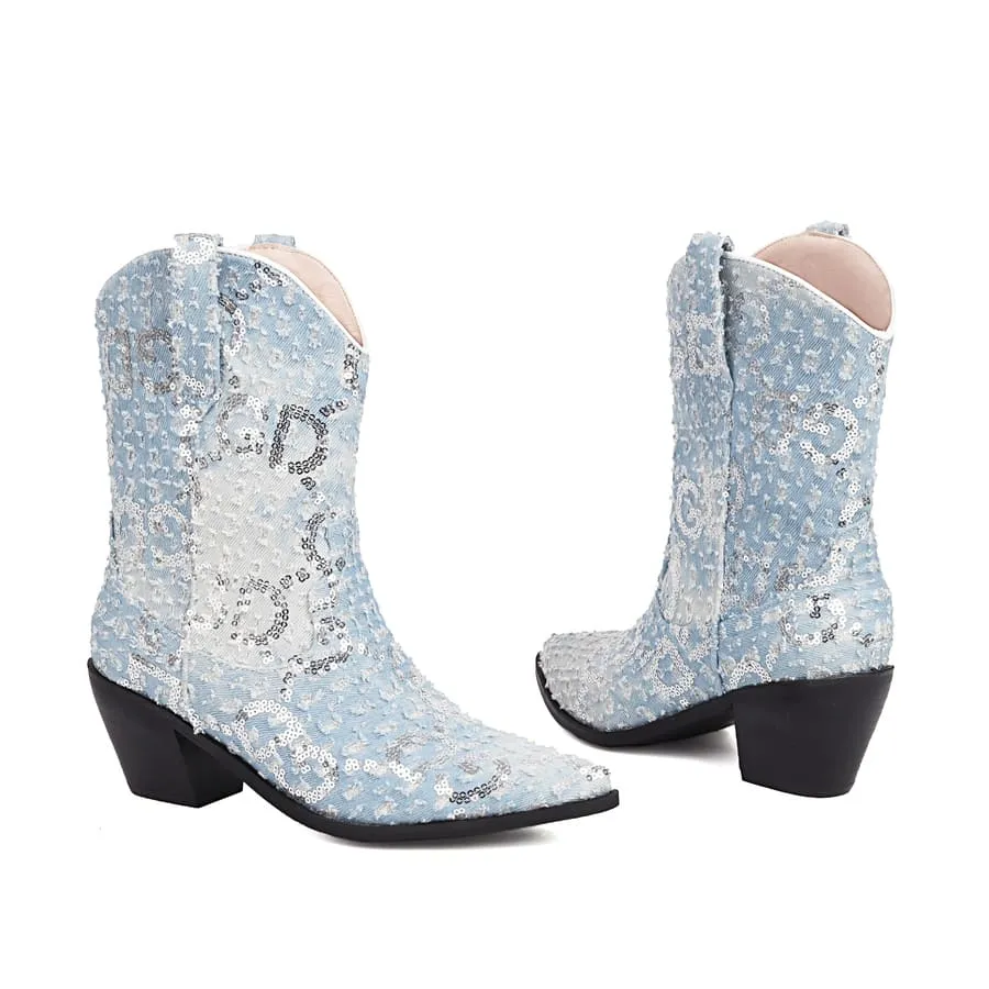Blue Denim Pointy Toe Block Heel Cowgirl Booties