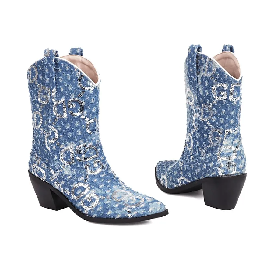 Blue Denim Pointy Toe Block Heel Cowgirl Booties