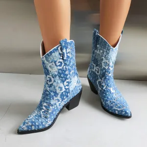 Blue Denim Pointy Toe Block Heel Cowgirl Booties