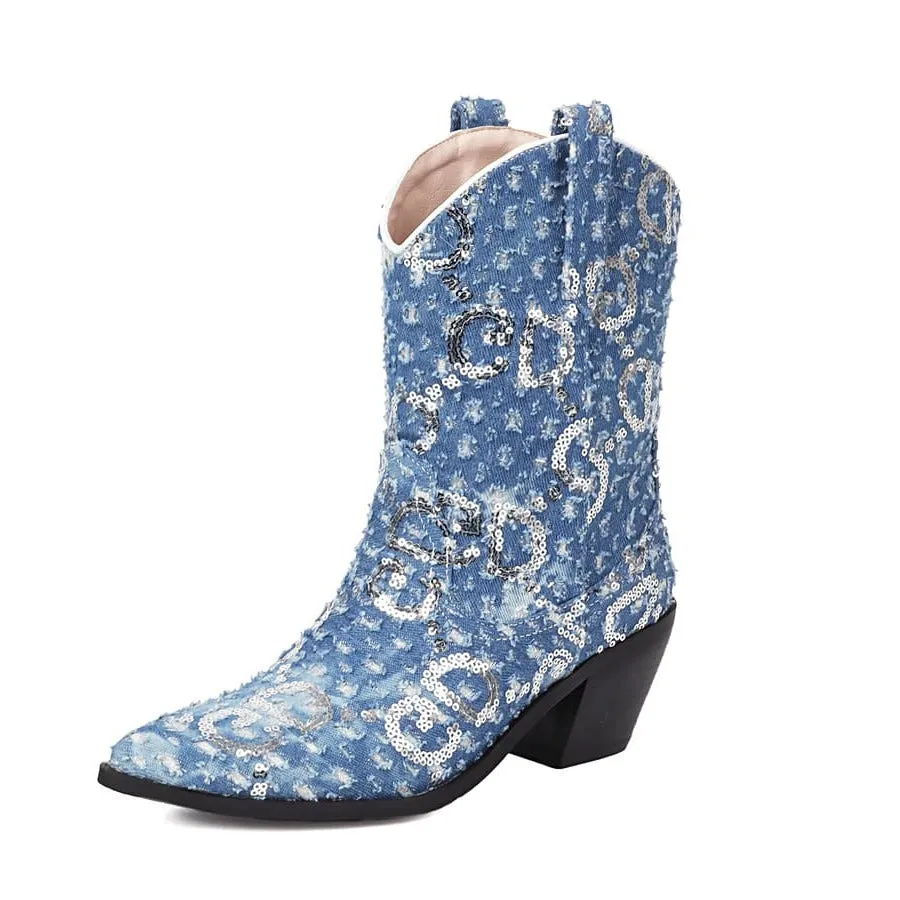 Blue Denim Pointy Toe Block Heel Cowgirl Booties