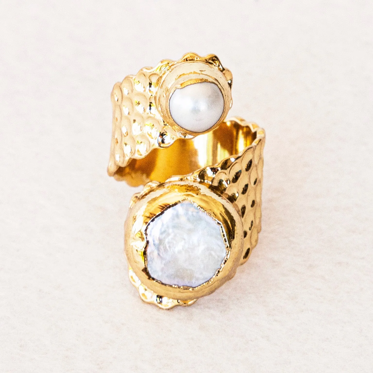Boho & Mala Grand Double Freshwater Pearl Wrap Gold Ring (adjustable) R1082