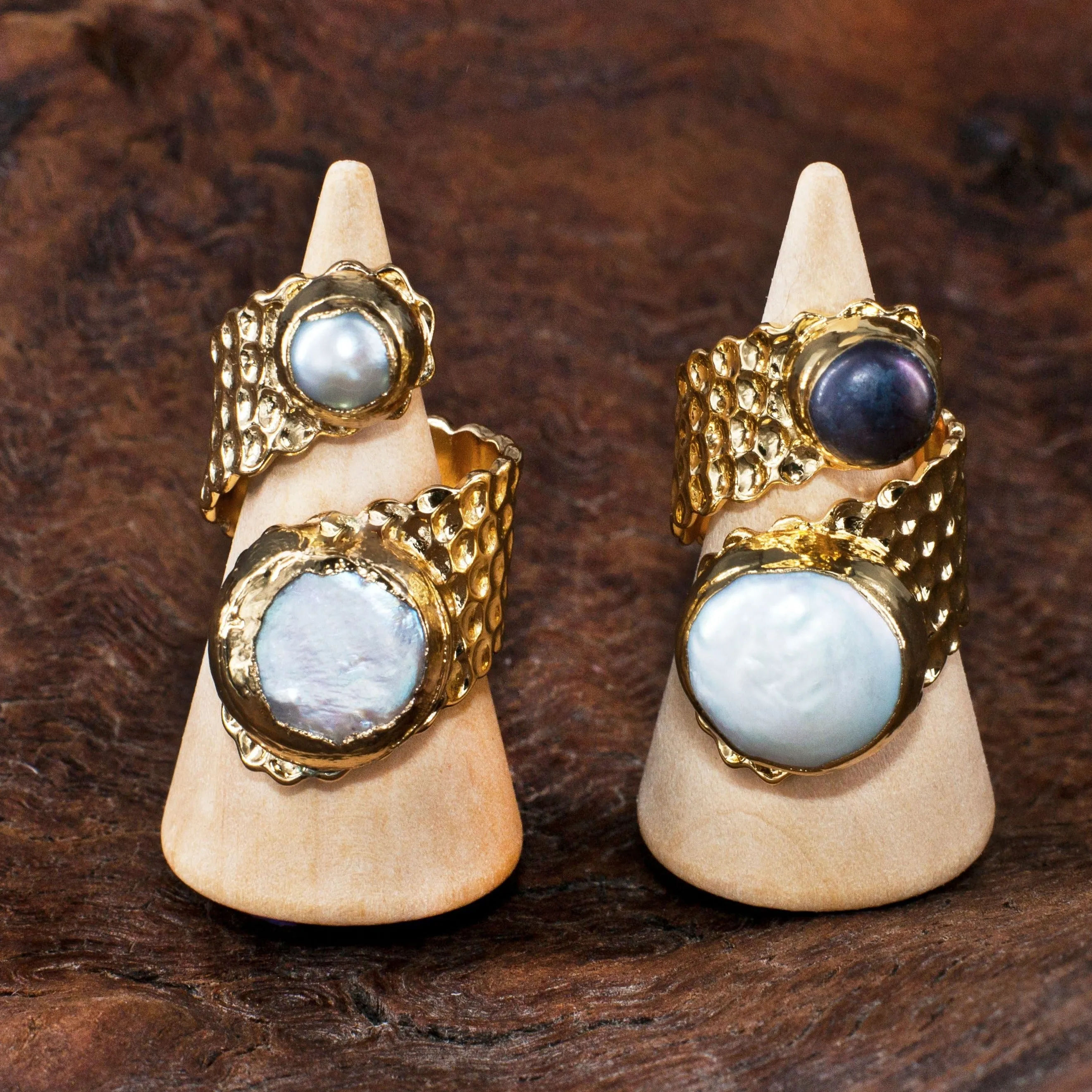 Boho & Mala Grand Double Freshwater Pearl Wrap Gold Ring (adjustable) R1082