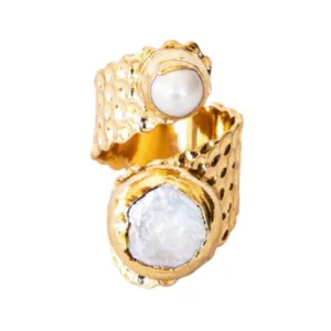 Boho & Mala Grand Double Freshwater Pearl Wrap Gold Ring (adjustable) R1082