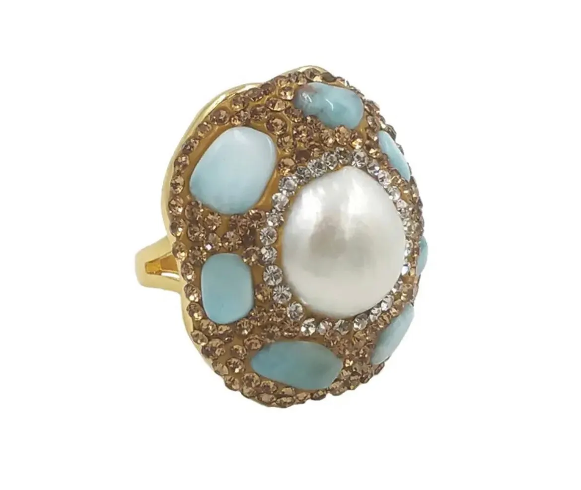 Boho & Mala Natural Mix Stone & Pearl Gold Ring (adjustable from size 7)