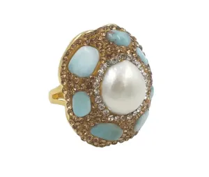 Boho & Mala Natural Mix Stone & Pearl Gold Ring (adjustable from size 7)