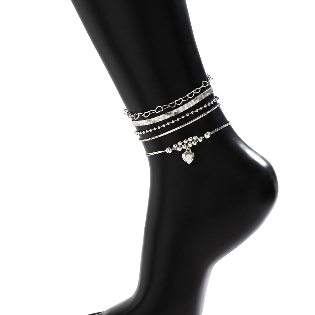 Boho Silver Plated Heart Pendant Snake Chain Stackable Anklet Set
