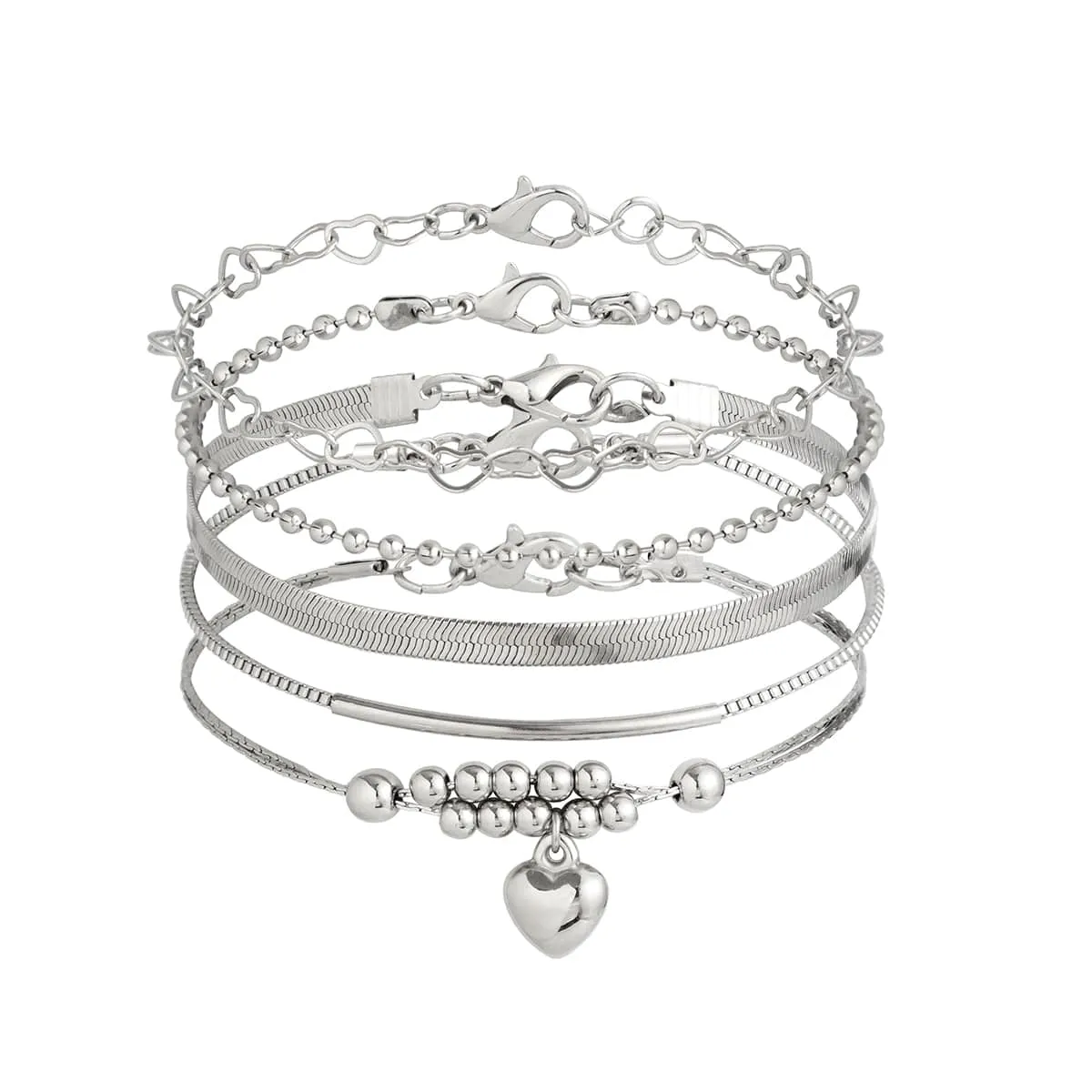 Boho Silver Plated Heart Pendant Snake Chain Stackable Anklet Set