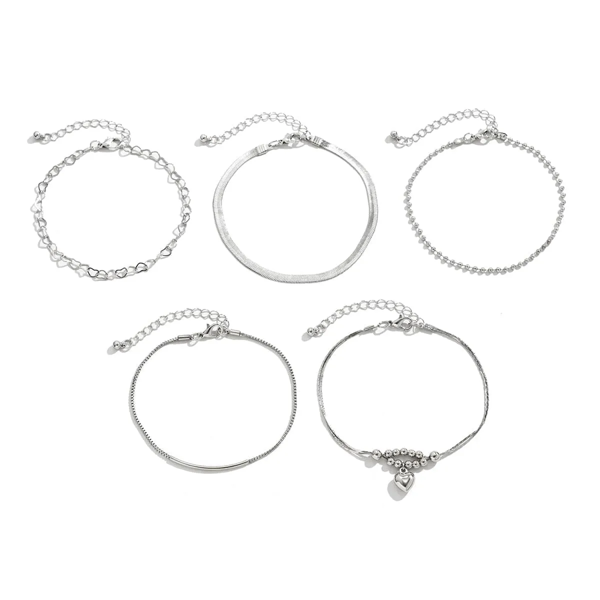 Boho Silver Plated Heart Pendant Snake Chain Stackable Anklet Set