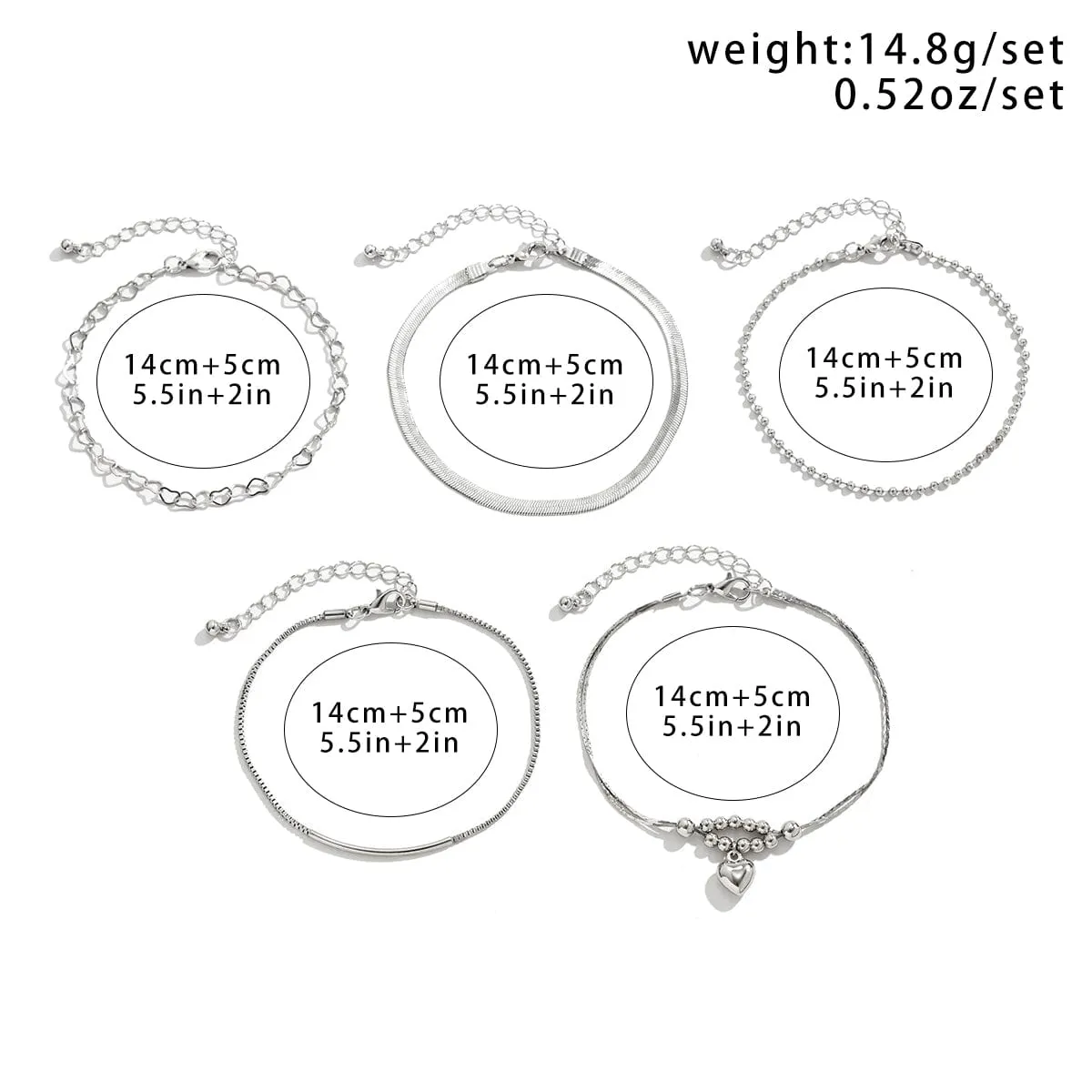 Boho Silver Plated Heart Pendant Snake Chain Stackable Anklet Set