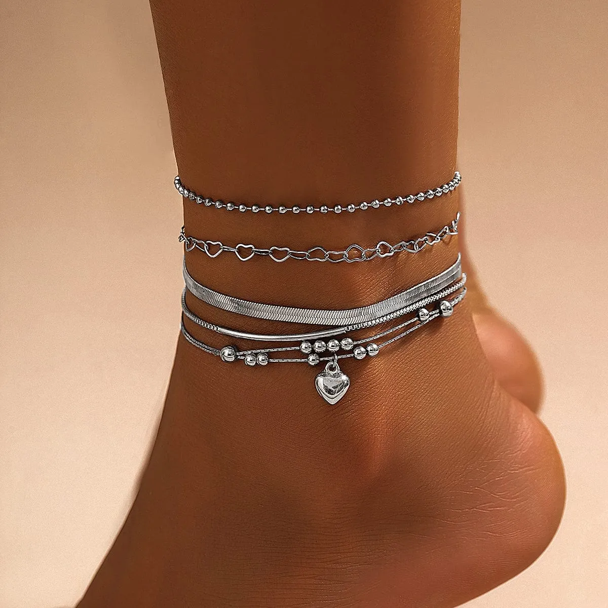 Boho Silver Plated Heart Pendant Snake Chain Stackable Anklet Set