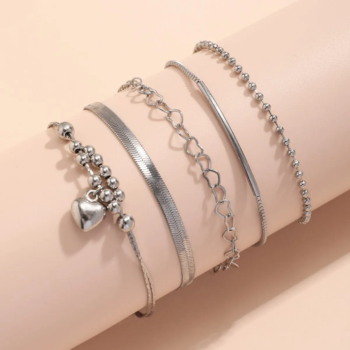 Boho Silver Plated Heart Pendant Snake Chain Stackable Anklet Set