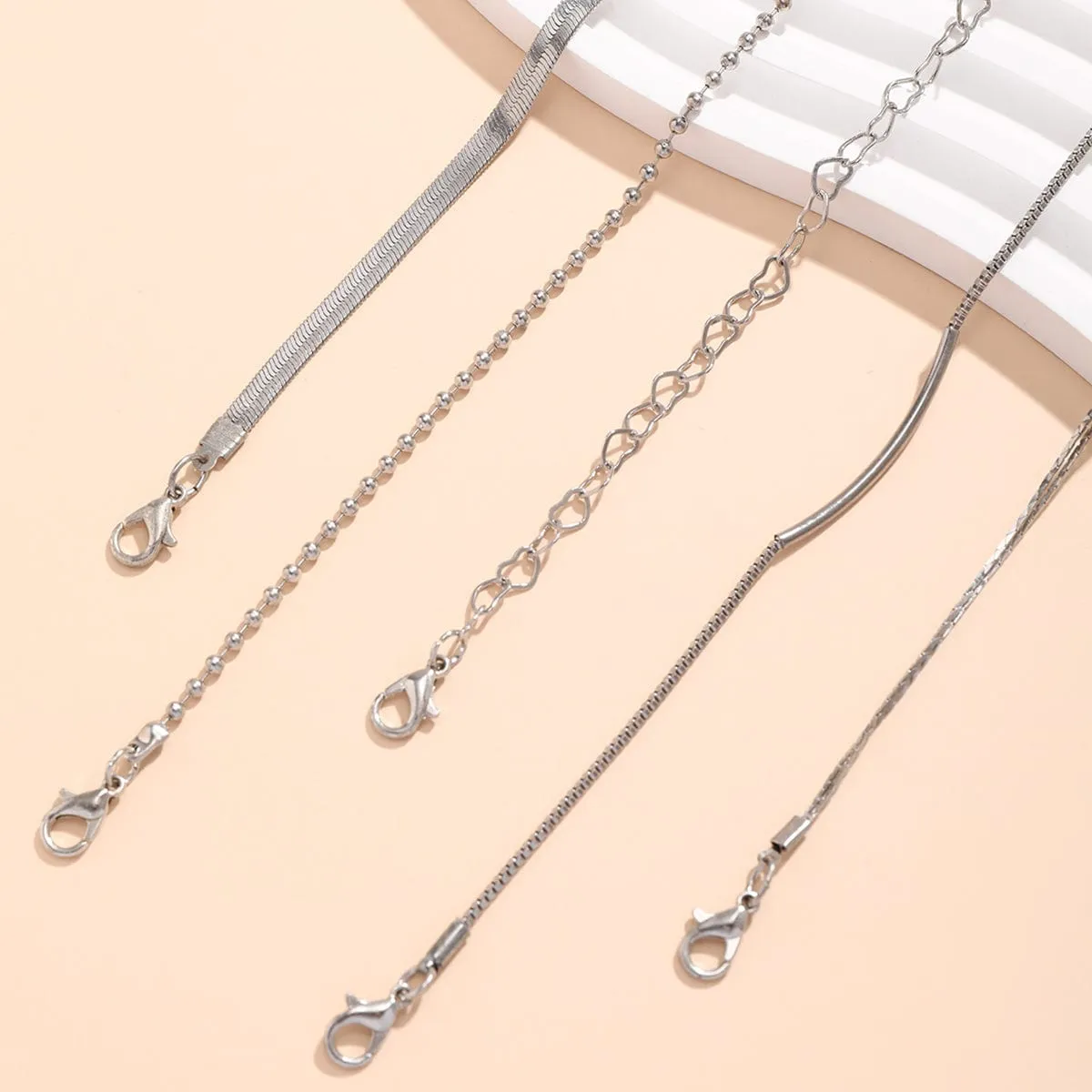 Boho Silver Plated Heart Pendant Snake Chain Stackable Anklet Set