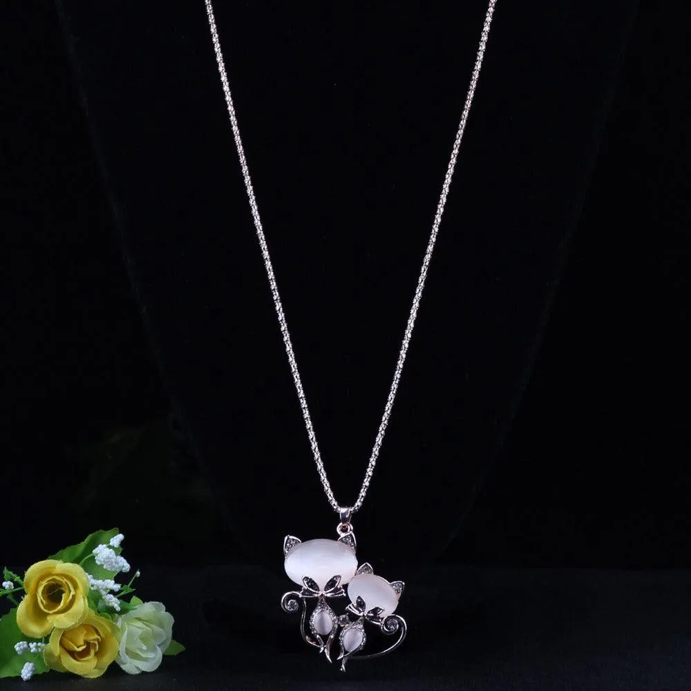 Bonsny Adorable Clear Rhinestone Kitty Cats Gold Necklace