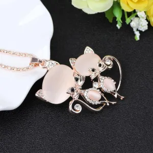 Bonsny Adorable Clear Rhinestone Kitty Cats Gold Necklace