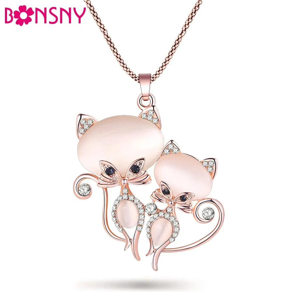 Bonsny Adorable Clear Rhinestone Kitty Cats Gold Necklace