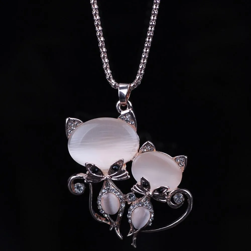 Bonsny Adorable Clear Rhinestone Kitty Cats Gold Necklace