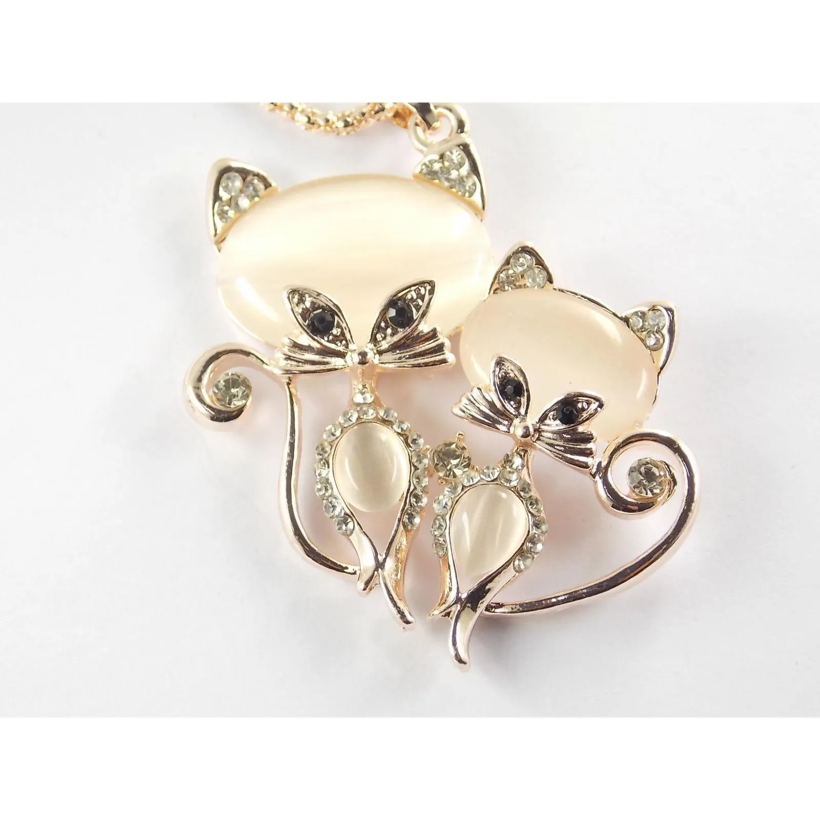 Bonsny Adorable Clear Rhinestone Kitty Cats Gold Necklace