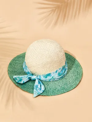 Bowknot Green Tie-Dye Fringe Straw Hat