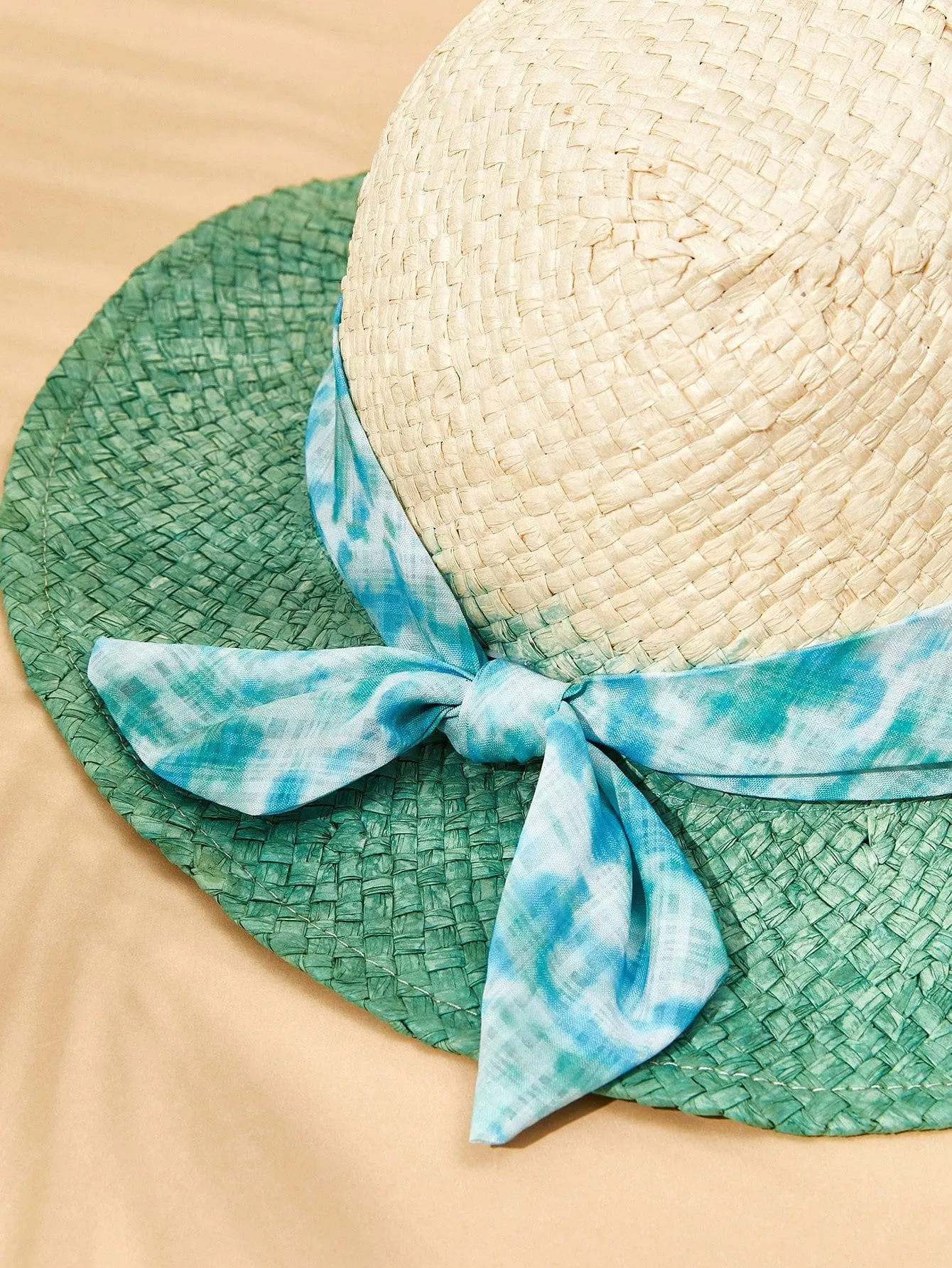 Bowknot Green Tie-Dye Fringe Straw Hat