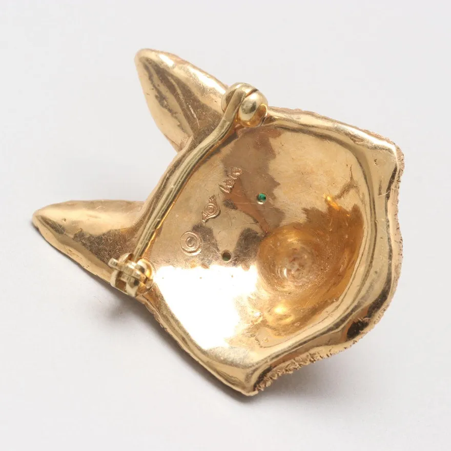Brooch 18 kt Yellow Gold with Emerald Eyes Fox Mask Form